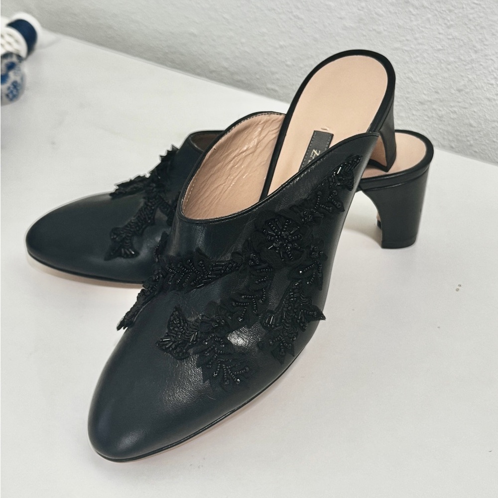 Zac Posen Black leather Women's beaded Mules booty heel 37